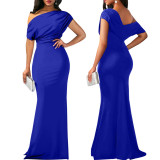 Women Sexy Slash Shoulder Pleated Dress