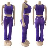 Summer Women Sexy Round Neck Sleeveless Ripped Crop Top and Pant Two-Piece Set