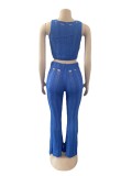 Summer Women Sexy Round Neck Sleeveless Ripped Crop Top and Pant Two-Piece Set