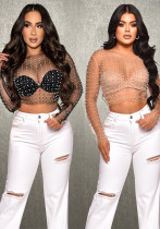 Women Solid mesh Beaded Beaded Long Sleeve Top Women Solid mesh Beaded Beaded Long Sleeve Top