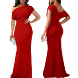 Women Sexy Slash Shoulder Pleated Dress