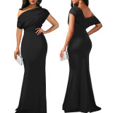 Women Sexy Slash Shoulder Pleated Dress