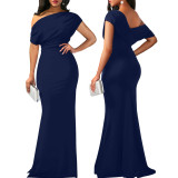 Women Sexy Slash Shoulder Pleated Dress