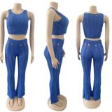 Summer Women Sexy Round Neck Sleeveless Ripped Crop Top and Pant Two-Piece Set