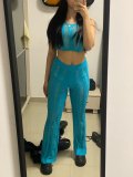 Summer Women Sexy Round Neck Sleeveless Ripped Crop Top and Pant Two-Piece Set