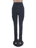 Women Pocket Drawstring Belt Slit Pant