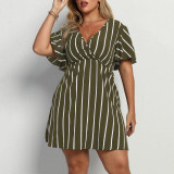 Plus Size Women Striped V-Neck Short Sleeve Loose Bohemian Dress