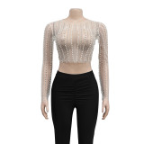 Women Solid mesh Beaded Beaded Long Sleeve Top