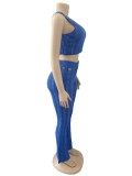 Summer Women Sexy Round Neck Sleeveless Ripped Crop Top and Pant Two-Piece Set