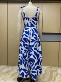 Spring Women's Fashion Chic High Waisted Straps Printed Long Dress
