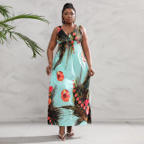 Plus Size Dress Low Back Deep V Neck Retro Paisley Plus Size Long Dress