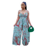 Ladies Fashion Printed Strap Pleated Jumpsuit