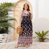 Plus Size Dress Low Back Deep V Neck Retro Paisley Plus Size Long Dress