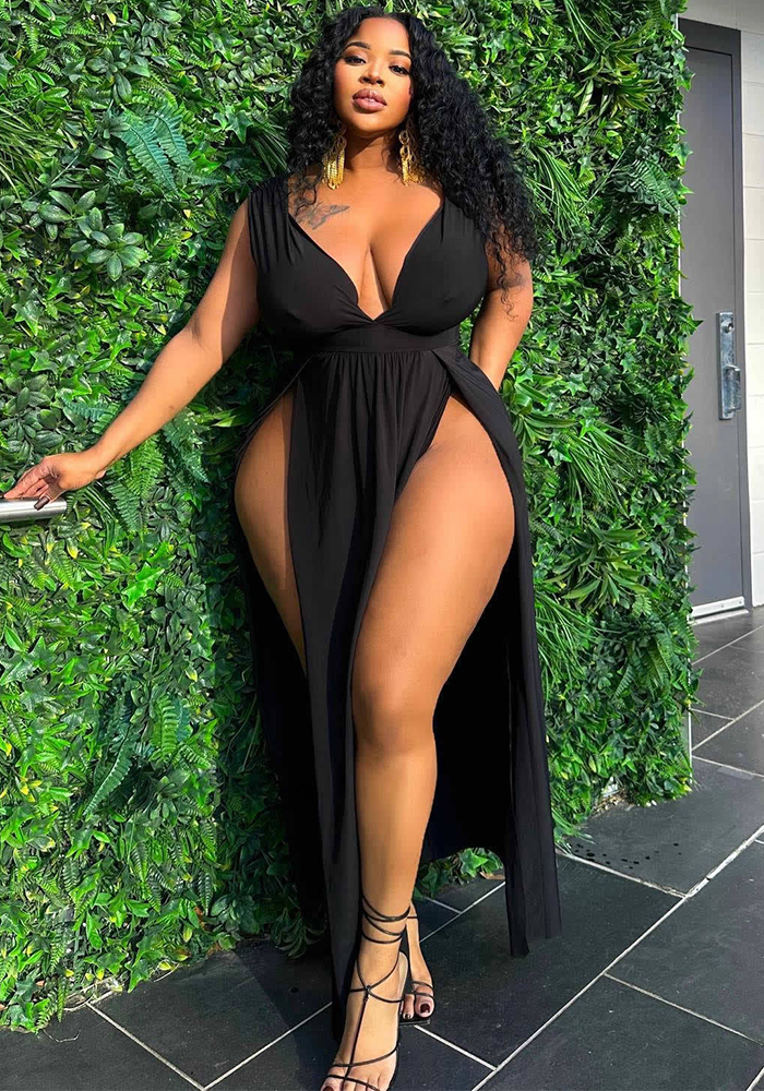 Wholesale Plus Size Solid Color Sexy Dress Slit Maxi Dress | Global Lover