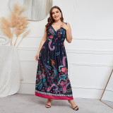 Plus Size Dress Low Back Deep V Neck Retro Paisley Plus Size Long Dress