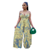 Ladies Fashion Printed Strap Pleated Jumpsuit