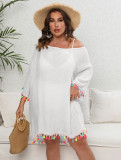 Women's Dress Plus Size Women's Tassel Patchwork Off Shoulder Sexy Low Back Lace-Up Beach Dress