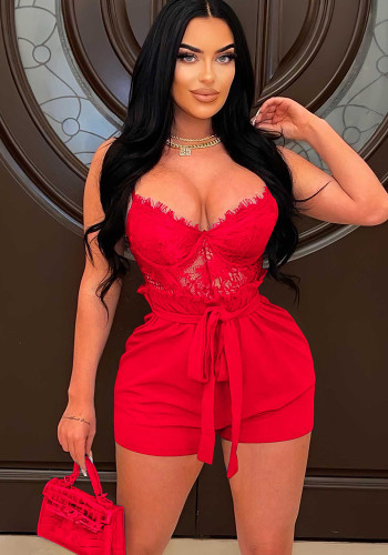 Sexy Lace-Up Lace Patchwork Halter Jumpsuit