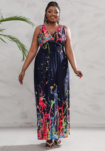 Plus Size Dress Low Back Deep V Neck Retro Paisley Plus Size Long Dress