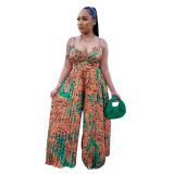 Ladies Fashion Printed Strap Pleated Jumpsuit