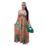 Ladies Fashion Printed Strap Pleated Jumpsuit