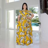 Plus Size Fashion Casual Suit Ladies Fat Girl Tie-Dye Lace-Up Casual Swing Dress