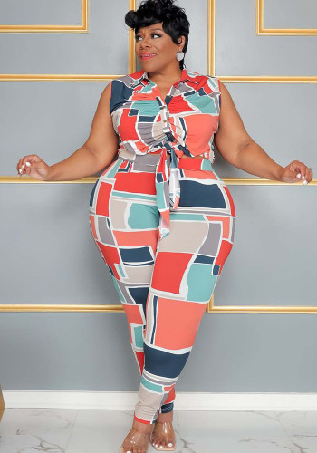 Plus Size Multi-Color Graphic-Print Slim Fit Two-Piece Set