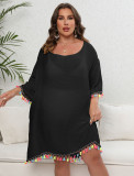Women's Dress Plus Size Women's Tassel Patchwork Off Shoulder Sexy Low Back Lace-Up Beach Dress