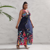 Plus Size Dress Low Back Deep V Neck Retro Paisley Plus Size Long Dress