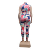Plus Size Multi-Color Graphic-Print Slim Fit Two-Piece Set
