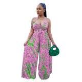 Ladies Fashion Printed Strap Pleated Jumpsuit