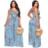 Ladies Fashion Printed Strap Pleated Jumpsuit