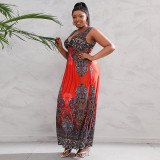 Plus Size Dress Low Back Deep V Neck Retro Paisley Plus Size Long Dress