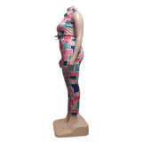 Plus Size Multi-Color Graphic-Print Slim Fit Two-Piece Set