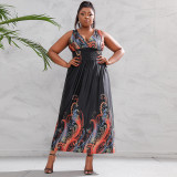 Plus Size Dress Low Back Deep V Neck Retro Paisley Plus Size Long Dress