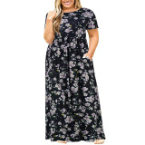 Summer Women's Short Sleeve Round Neck Solid Plus Size Dress Print Maxi Dress