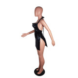 Women's Sexy Fashion Halter Neck Low Back Slit Faux Leather Dress