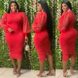 Plus Size Women's See-Through Mesh Balloon Sleeve Bodycon Dress