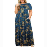 Summer Women's Short Sleeve Round Neck Solid Plus Size Dress Print Maxi Dress