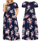 Summer Women's Short Sleeve Round Neck Solid Plus Size Dress Print Maxi Dress