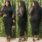 Plus Size Women's See-Through Mesh Balloon Sleeve Bodycon Dress