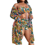 Women's Print Drawstring High Waisted Two Pieces Swimsuit Long Sleeve Blouse Plus Size Three-Piece Swimwear