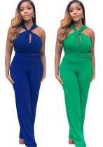 Summer Sleeveless Low Back Solid Color High Waist Strap Straight Jumpsuit