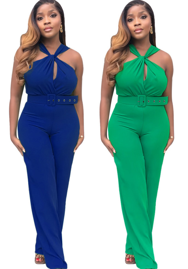 Summer Sleeveless Low Back Solid Color High Waist Strap Straight Jumpsuit