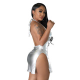 Women's Sexy Fashion Halter Neck Low Back Slit Faux Leather Dress