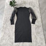 Plus Size Women's See-Through Mesh Balloon Sleeve Bodycon Dress