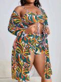 Women's Print Drawstring High Waisted Two Pieces Swimsuit Long Sleeve Blouse Plus Size Three-Piece Swimwear