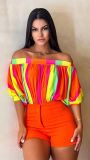 Summer Women's Pleated Off-The-Shoulder Loose Top Bat Sleeves Short-Sleeved T-Shirt