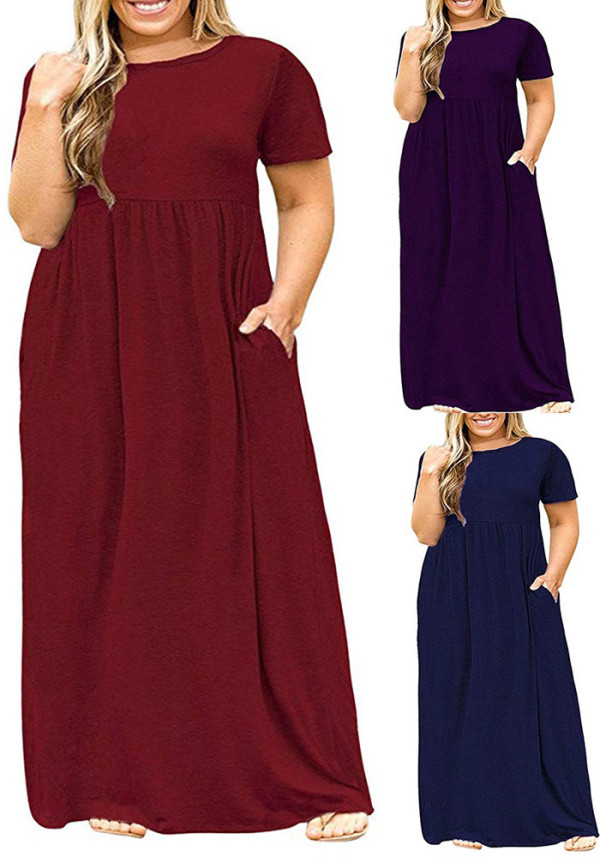 Summer Women's Short Sleeve Round Neck Solid Plus Size Dress Print Maxi Dress