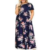 Summer Women's Short Sleeve Round Neck Solid Plus Size Dress Print Maxi Dress